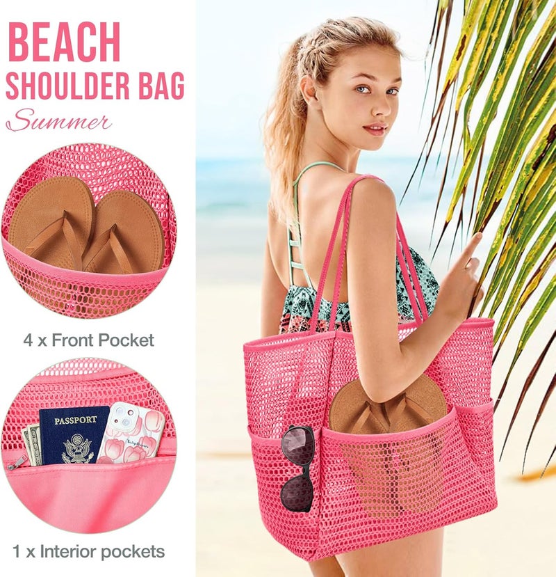 KPX Beach Bag with Mini Pocket, Beach Tote Bags for Women Large Foldable Mesh Swimming Pool Travel Bags - Sandproof - Image 4